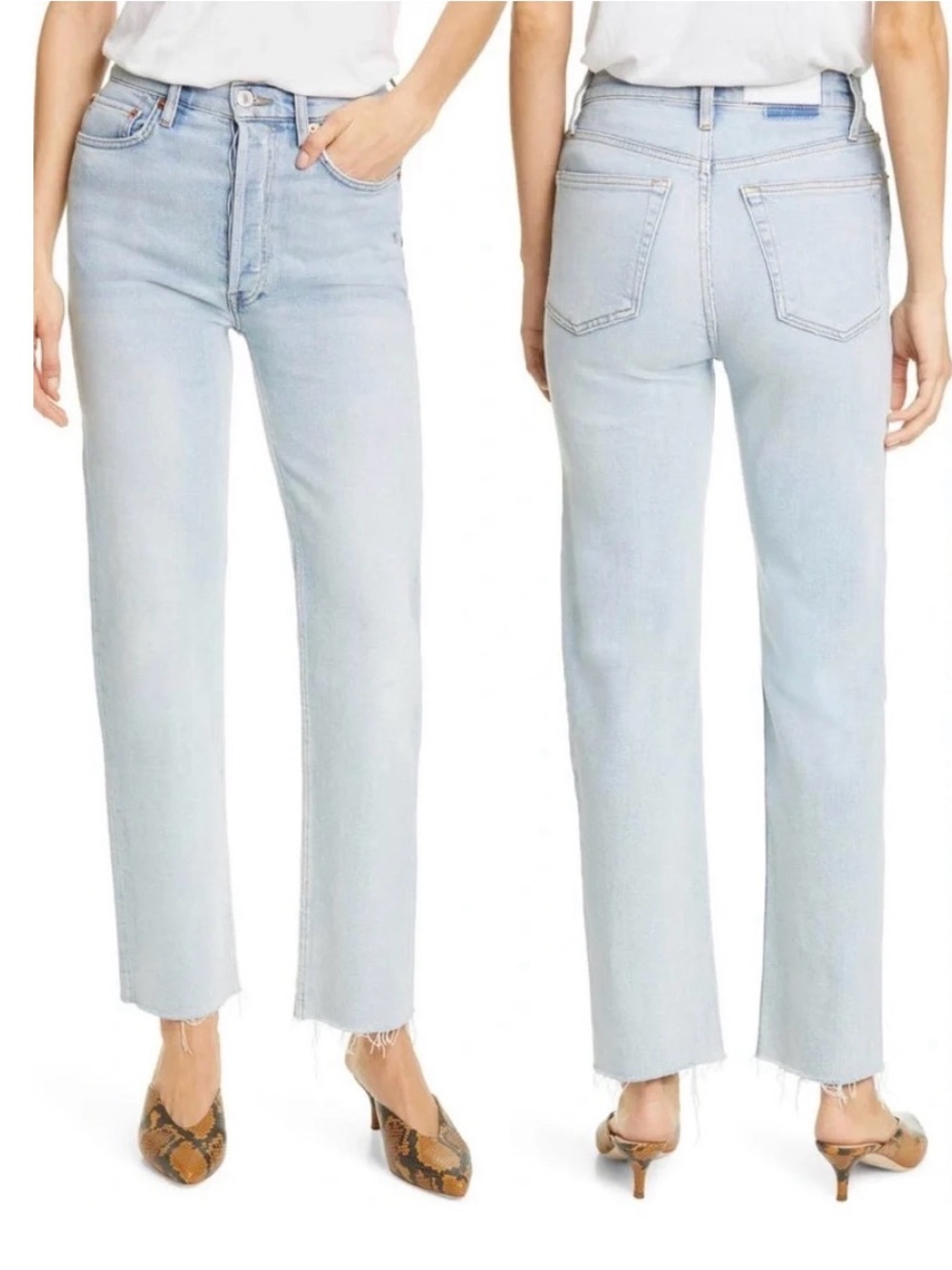 RE/DONE 70s Stove Pipe Jeans NWT Size 27 Light blue High Rise Button Fly Raw Hem